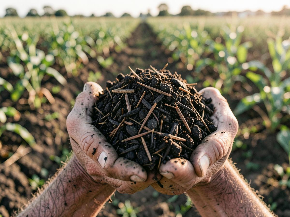 Hands holding rich fermented organic manure produced alongside BioCNG